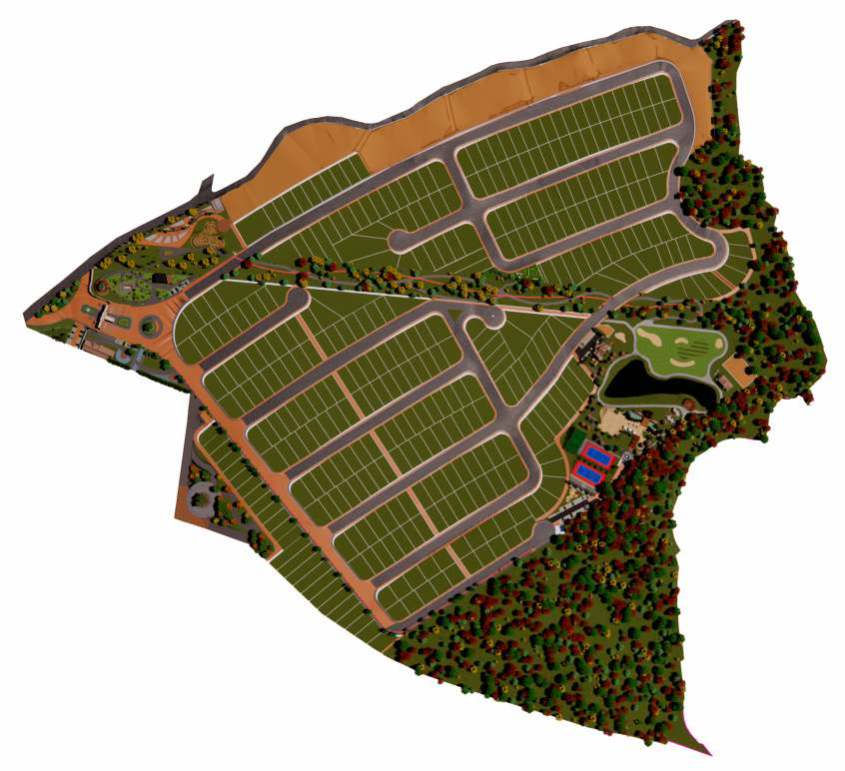 Planta de implantação do Montaresa Club & Resort, com as quadras de lotes, o clube e o lago