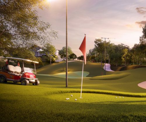 Mini campo de golfe com bandeira e carrinho ao entardecer