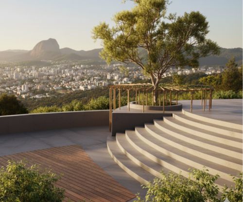 Mirante em arquibancada com vista para a cidade de Atibaia e a Pedra Grande